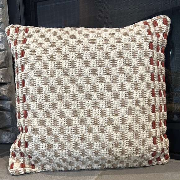 Geometric Tonal Weave Checkered contrast stitching pillow,solid tan zipper back, - Picture 1 of 9